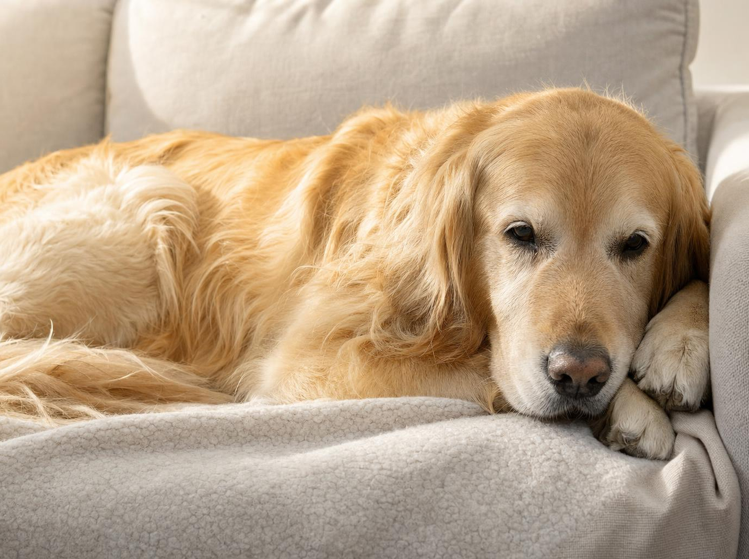 Relaxed dog beside a jar of Dr. Pfoten calming treats